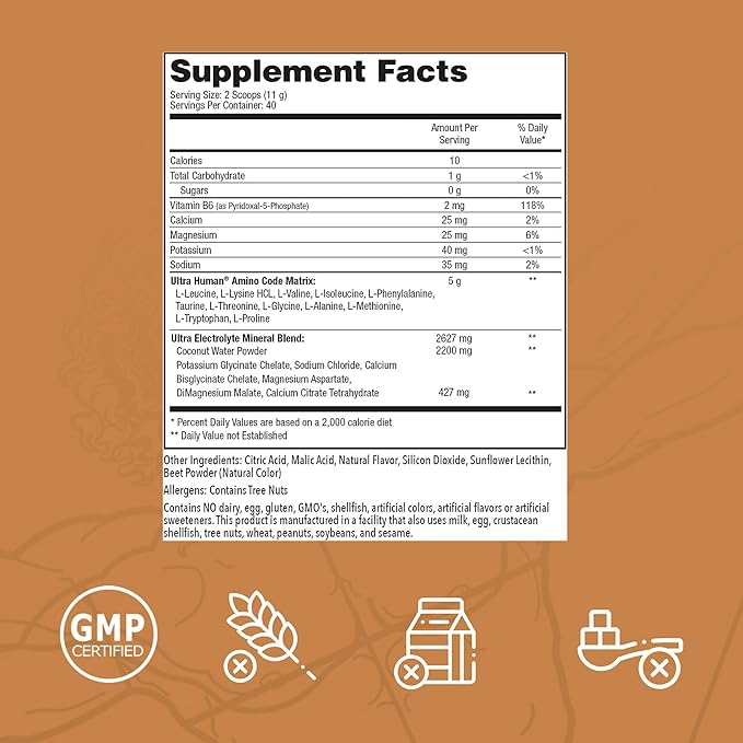 Ultra Human Amino Code | Essential Amino Acids + BCAAs + Coconut Water Electrolytes | Fast Hydration Workout Recovery Flavored Amino Energy Powder Drink | Clean Formula, 40 Servings - Crushed Orange