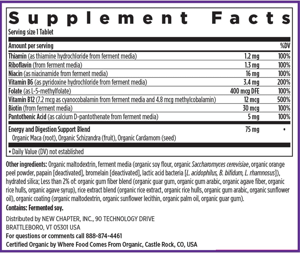 New Chapter Vitamin B Complex, Fermented Vitamin B Complex, USDA Organic, ONE Daily for Cellular Energy + Brain + Beauty, 100% Vegan, Gluten-Free - 60 Count