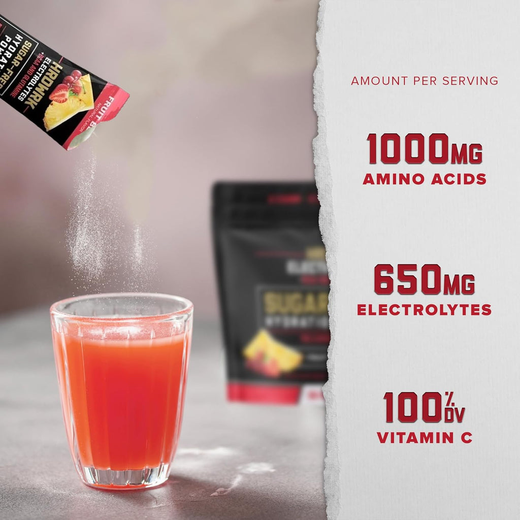 HRDWRK Electrolytes Powder Packets with Magnesium, Potassium Sodium, Keto Hydration - BCAA Electrolyte Powder Packets with Glutamine, 30 Electrolytes Powder Packets Sugar Free (Fruit Blast)