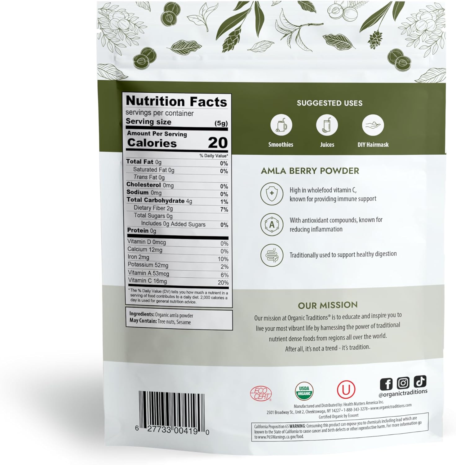Organic Traditions Organic Amla Berry Powder, Powdered Amla Indian Gooseberry, Non-GMO Organic Powdered Fruit Superfood, 1lb Bag 16oz (454g)