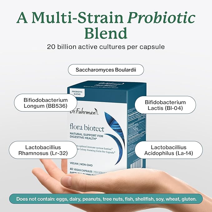 Dr. Fuhrman Prebiotic and Probiotic for Women & Men | Flora Biotect Natural Support for Digestive Health & Gut Biome | Provides Bloating Relief & Bowel Regularity | 20 Billion Live Strains | 60 Caps