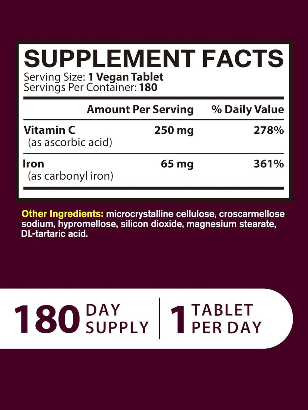 Iron Supplement for Women Men, High Potency Iron 65mg with Vitamin C 250mg, Stomach Friendly Iron Pills for Red Blood Cell & Immune Support, Non-GMO & Gluten Free,180 Vegan Tablets