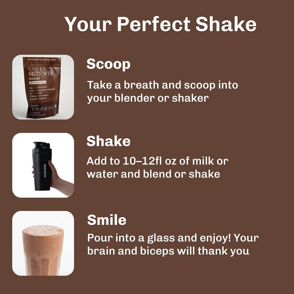 MUDWTR Nourish | Chocolate Mushroom Protein Powder | 2,000mg Adaptogenic Mushrooms | Vegan Protein Powder | USDA Organic | Focus, Mood & Digestion Support | Cacao, Lion's Mane, Bacopa | 15 Servings