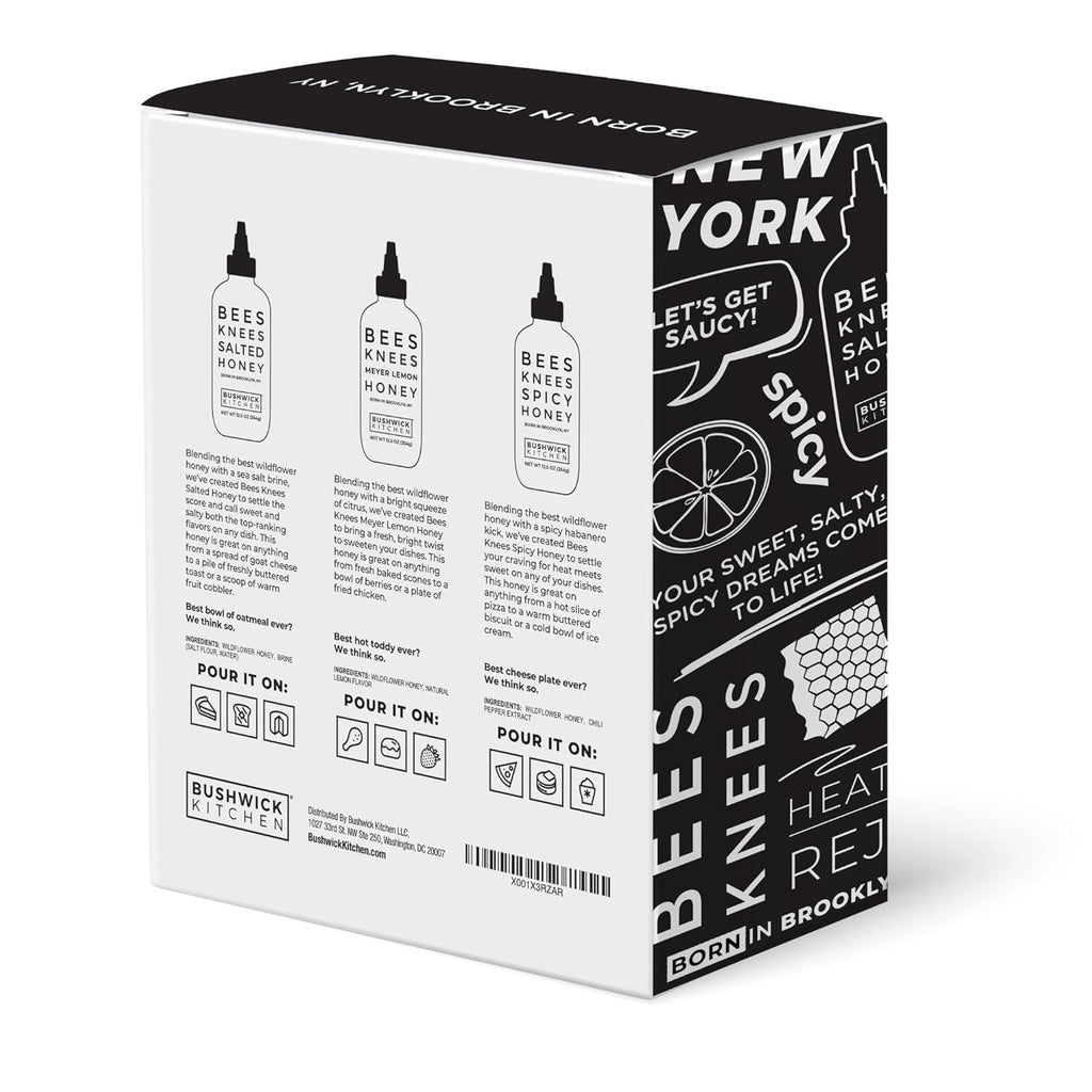 Bushwick Kitchen Bees Knees Honey Sampler Gift Box, Set Includes Spicy Honey, Meyer Lemon Honey, Salted Honey Sauces, Honey Inspired Recipes, Bushwick Kitchen Tea Towel, and Ready-to-Gift Box