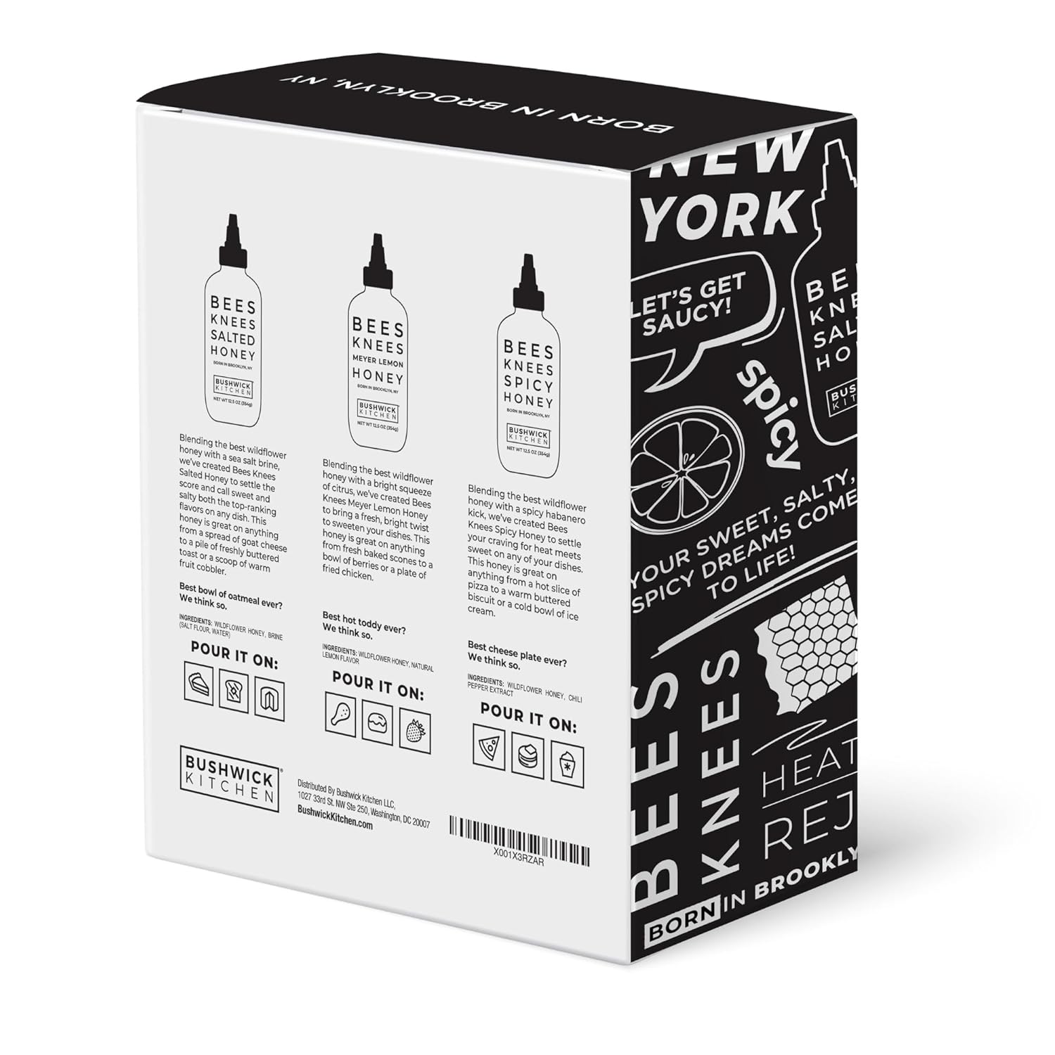 Bushwick Kitchen Bees Knees Honey Sampler Gift Box, Set Includes Spicy Honey, Meyer Lemon Honey, Salted Honey Sauces, Honey Inspired Recipes, Bushwick Kitchen Tea Towel, and Ready-to-Gift Box
