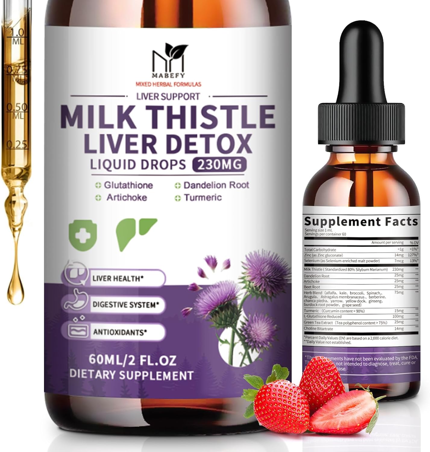 Milk Thistle Supplement, Liver Cleanse Liquid Drops Silymarin 230mg for Liver Repair, Antioxidant Support, Kidney Health Support with Dandelion Root, Turmeric, Glutathione - 2Fl Oz