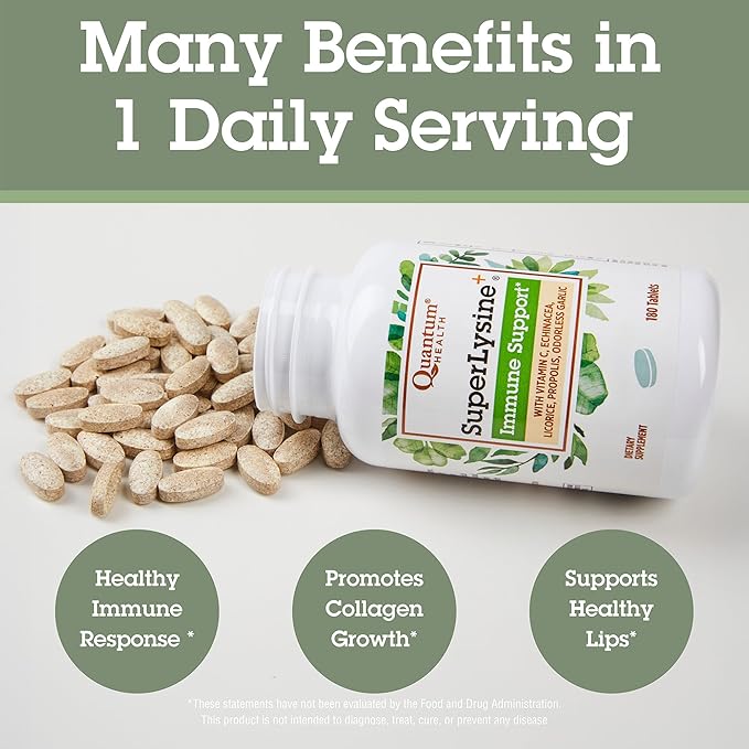 Quantum Health SuperLysine+ Advanced Formula Immune Support Supplement Lysine 1500 mg, Vitamin C Echinacea Licorice Bee Propolis & Odorless Garlic Daily Wellness Blend for Women & Men - 180 Tablets