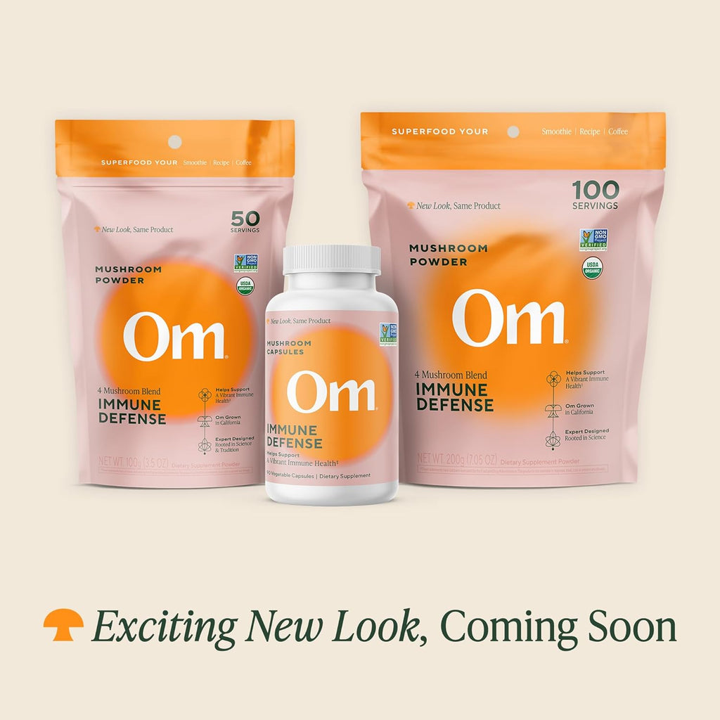 Om Mushroom Superfood Immune Defense Mushroom Capsules Superfood Supplement, 90 Count, 30 Days, Mushroom Blend, Reishi, Turkey Tail, Maitake, Agaricus Blazei, Vitamin C, Vegan