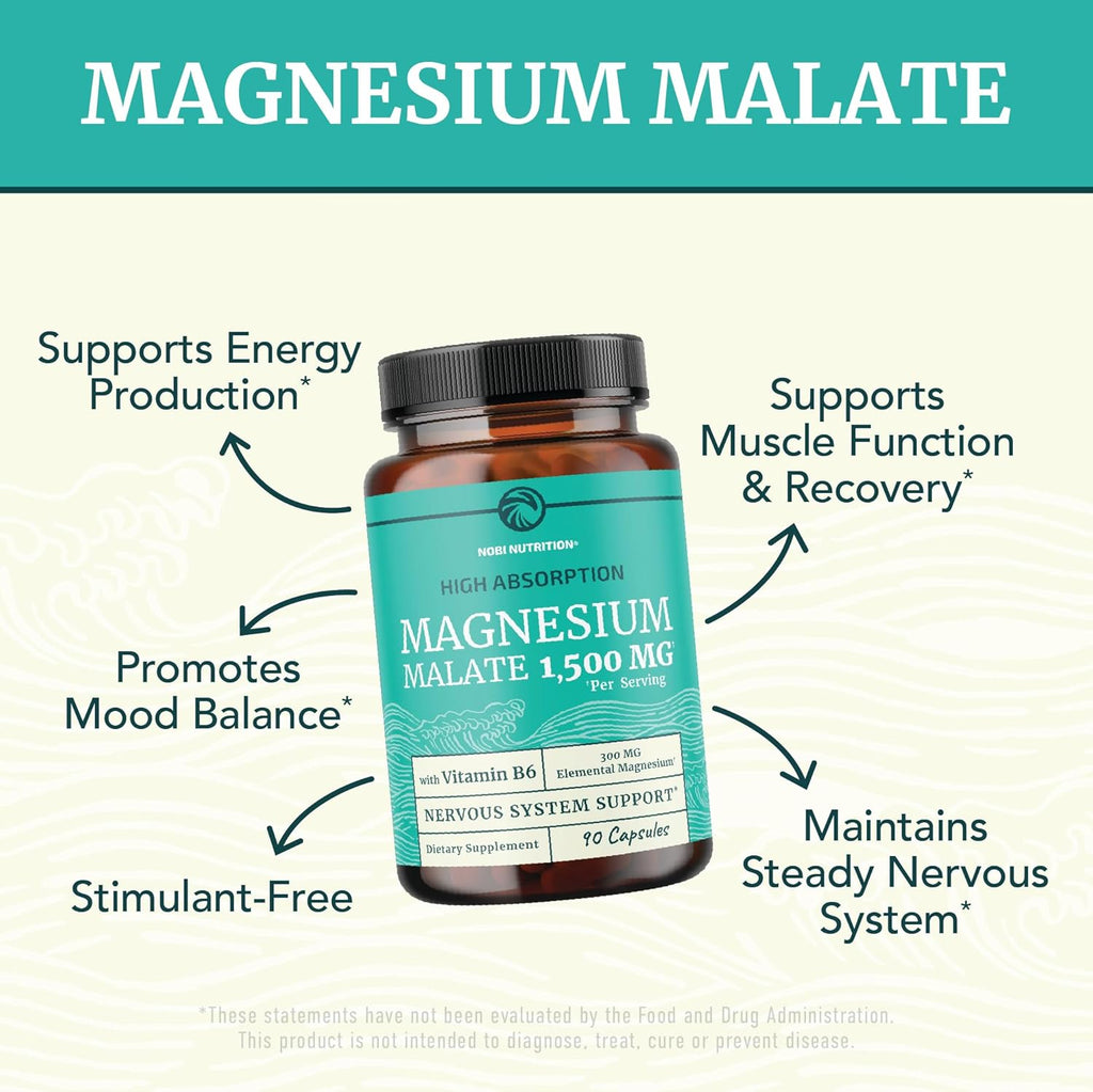 Magnesium Malate 1500MG | Energy & Nervous System Support | 300MG Elemental Mag Per Serving | High Absorption Magnesium Malate Capsules with VIT B6 + Black Pepper | Non-GMO | 90 Ct (1 Month Supply)