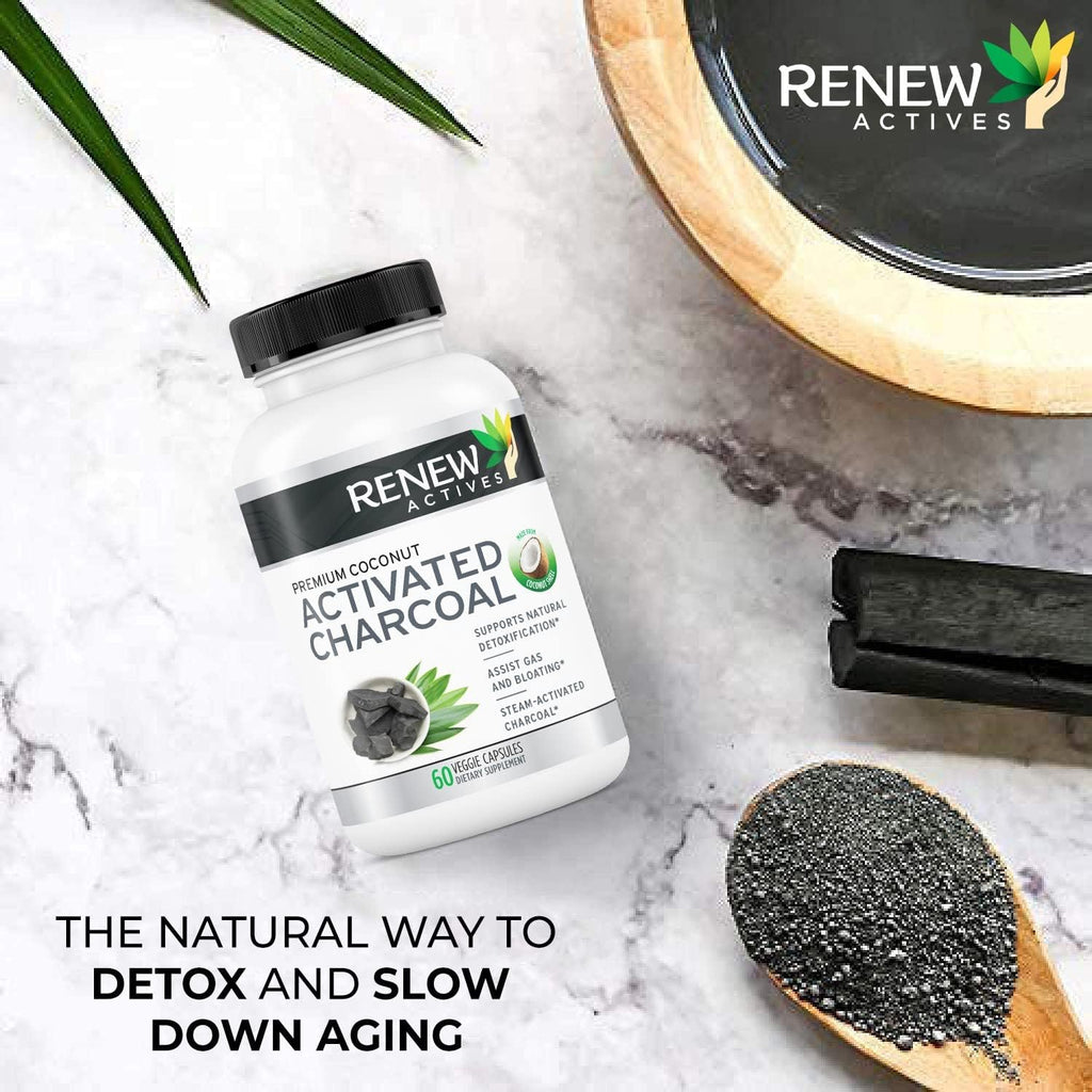 Renew Actives Activated Charcoal Supplement 1100MG per 2 Capsules - Digestive Support & Teeth Whitening Formula, No Artificial Ingredients - Made in Canada - 60 Capsules