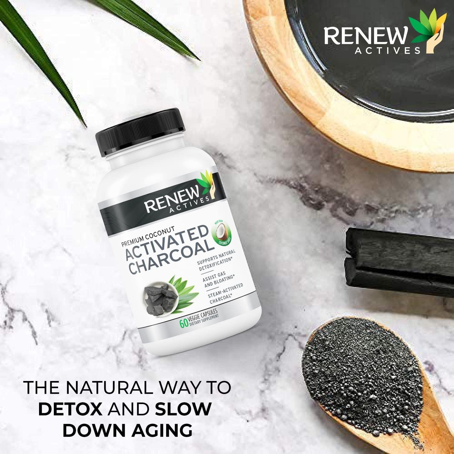 Renew Actives Activated Charcoal Supplement 1100MG per 2 Capsules - Digestive Support & Teeth Whitening Formula, No Artificial Ingredients - Made in Canada - 60 Capsules