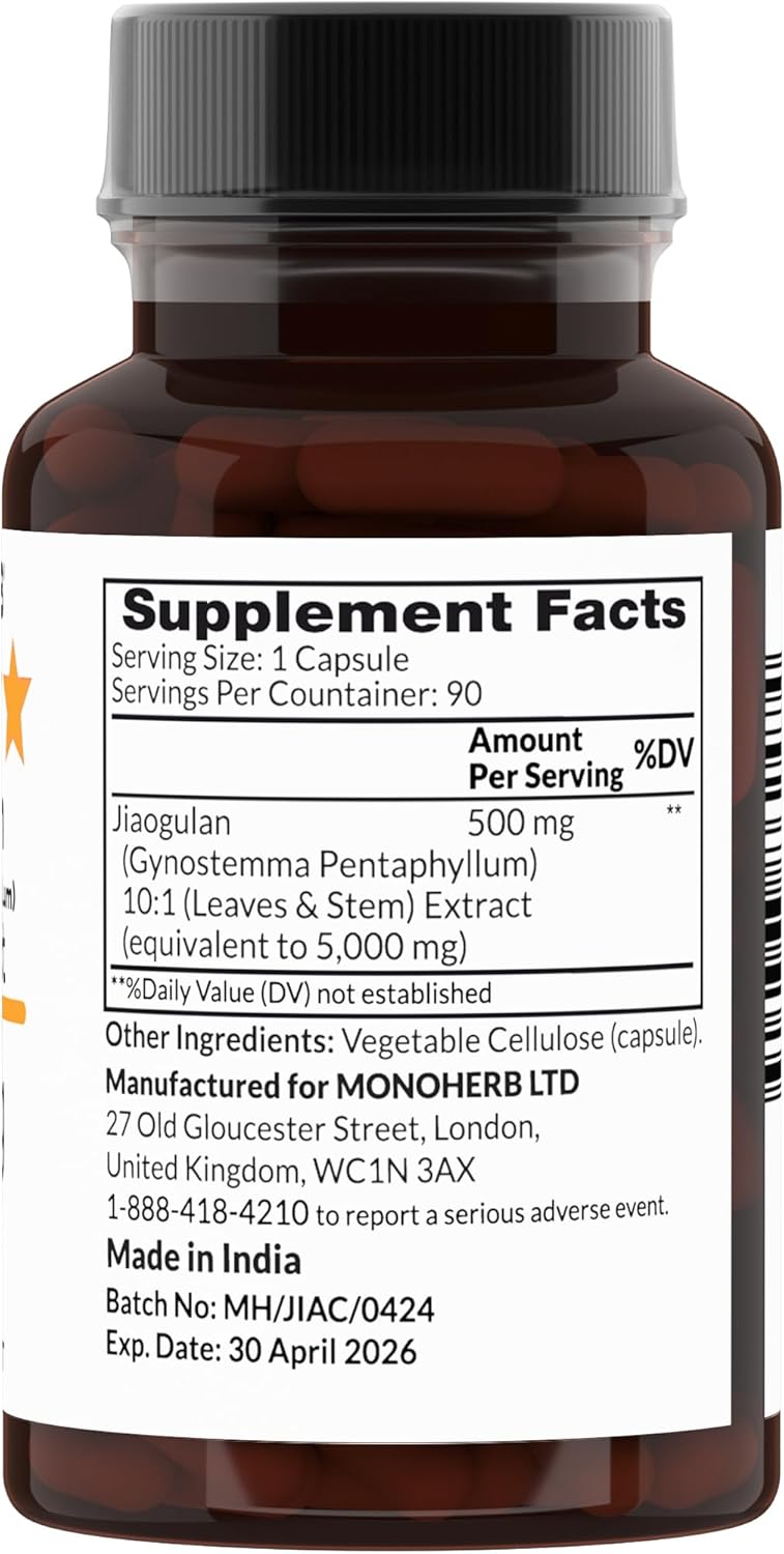 Jiaogulan Extract 500 mg - 90 Veg Capsules - Gynostemma Pentaphyllum - 90 Servings