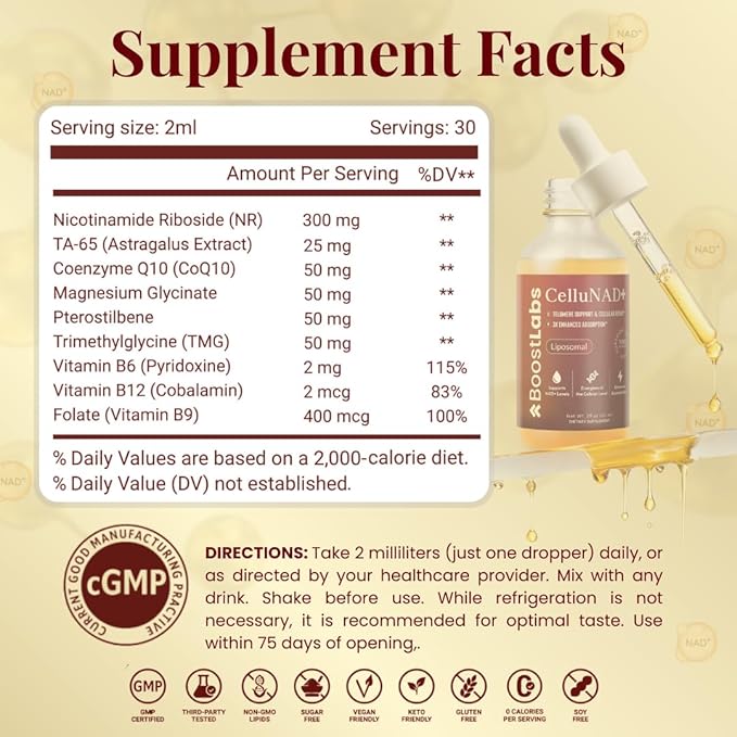 Liposomal NAD+ Supplement Liquid Drops - High Potency NMN Alternative for Cellular Energy, Healthy Aging & Brain Fog - Fast-Absorbing NAD Liquid Formula (2oz)