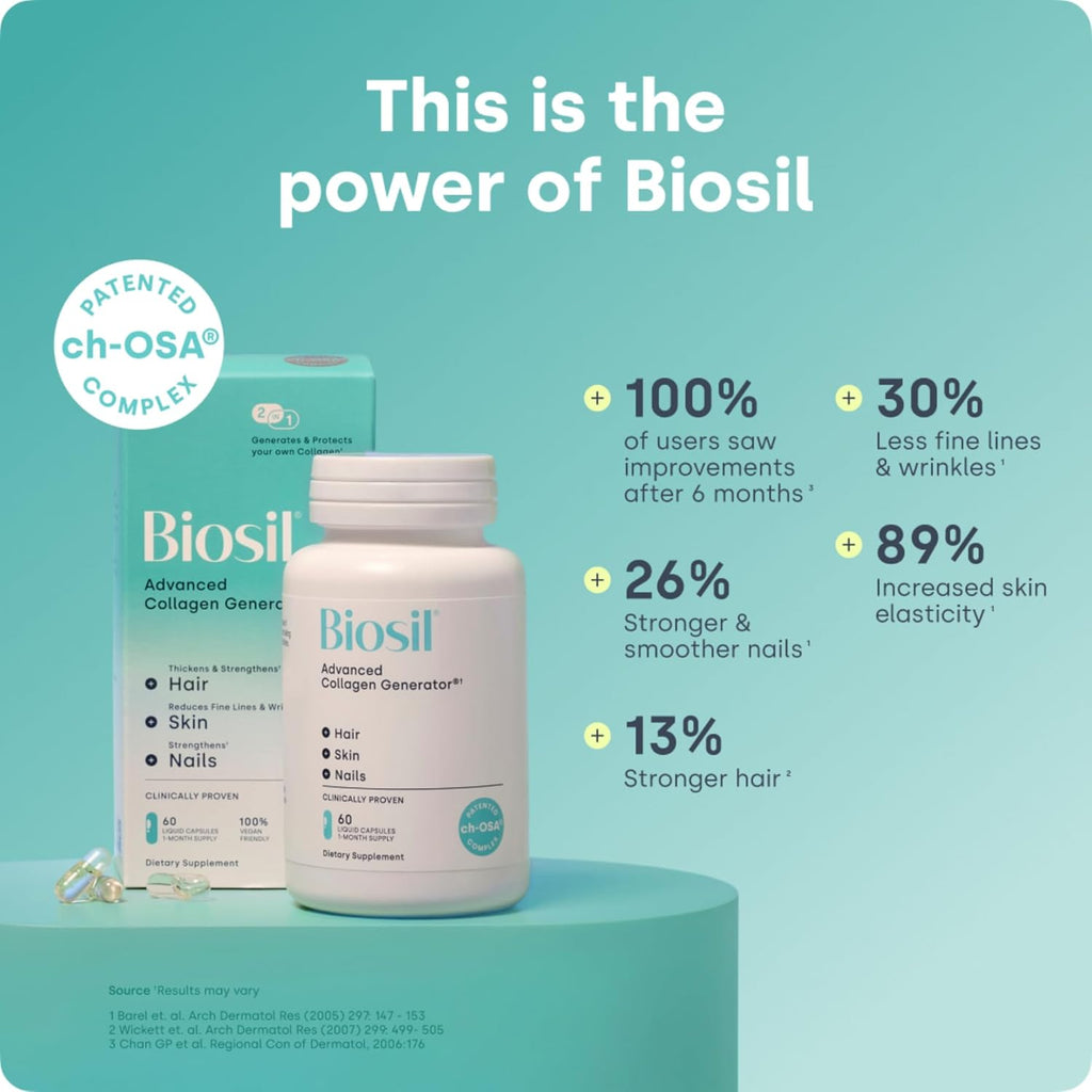 Biosil Collagen Booster Supplement - 120 Liquid Capsules - Patented ch-OSA Activator for Skin, Hair, Nails & Joints - Supports Natural Production - 60-Day Supply