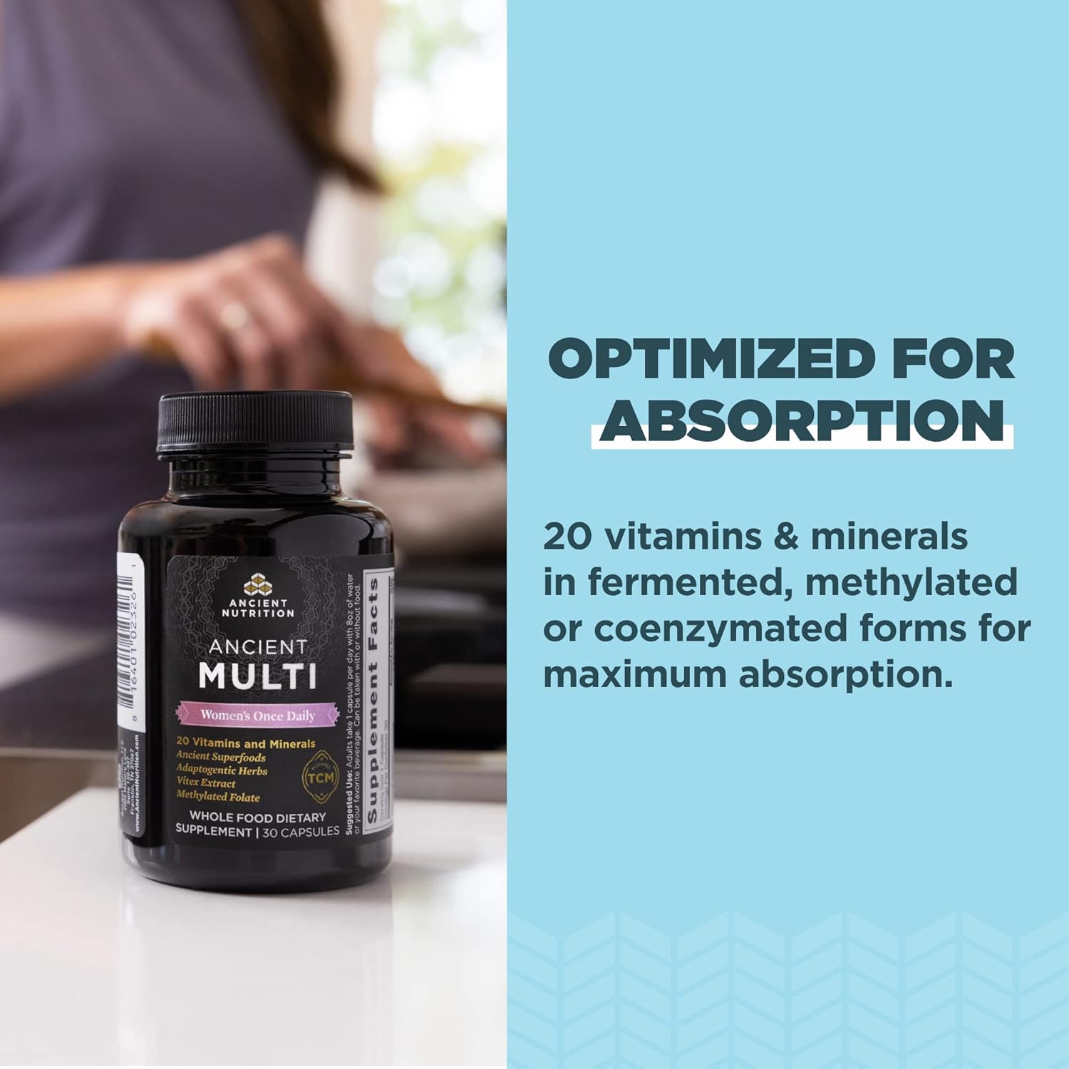Ancient Nutrition Multivitamin for Women, Women's Once Daily Supplement, Methlyated Vitamin B, C, K2, Magnesium, Folate & Iron, Supports Bone Health, 30 Count