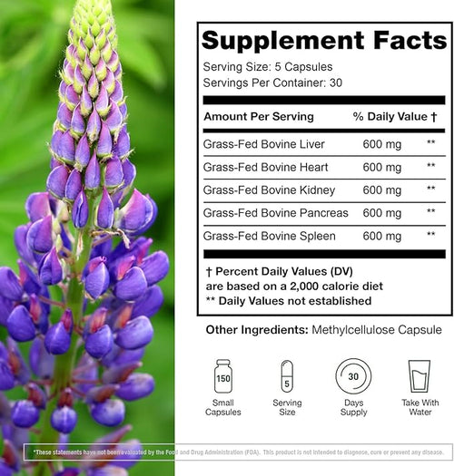 (Pack of 2) Grass Fed Beef Organ Supplement - Supports Whole Body Wellness 3000mg - with Desiccated Beef Liver, Heart, Kidney, Pancreas, Spleen - Organ Complex for Immune, Digestive Health (150 Caps)