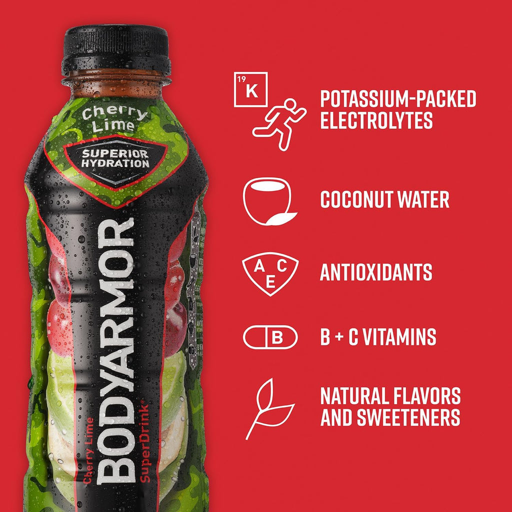 BODYARMOR Sports Drink Sports Beverage, Cherry Lime, Coconut Water Hydration, Natural Flavors With Vitamins, Potassium-Packed Electrolytes, Perfect For Athletes, 16 Fl Oz (Pack of 12)