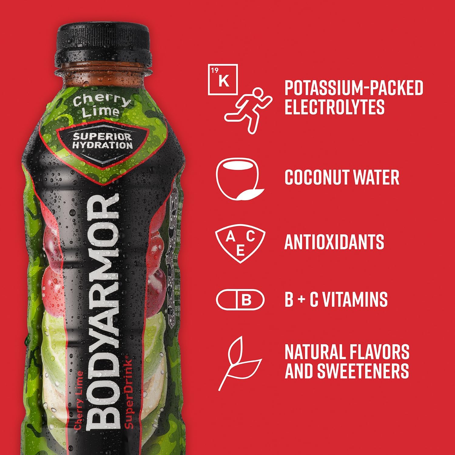 BODYARMOR Sports Drink Sports Beverage, Cherry Lime, Coconut Water Hydration, Natural Flavors With Vitamins, Potassium-Packed Electrolytes, Perfect For Athletes, 16 Fl Oz (Pack of 12)