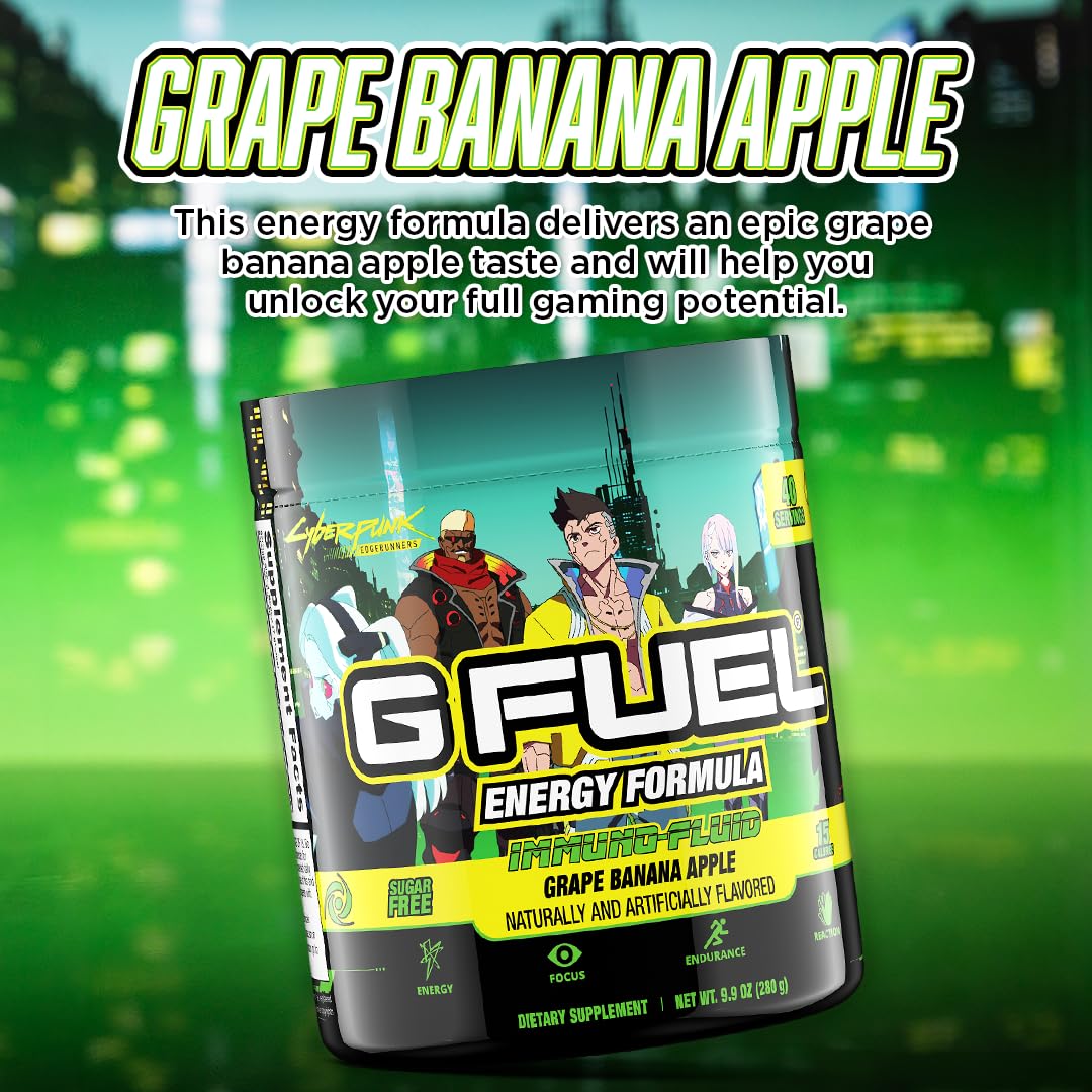 G fuel Cyberpunk Edgerunners Energy Powder, Pre Workout Caffeine Mix for Gaming, Sugar Free Focus Amino, Vitamin + Antioxidants, 9.9oz (Grape Banana Apple, 40 Servings)