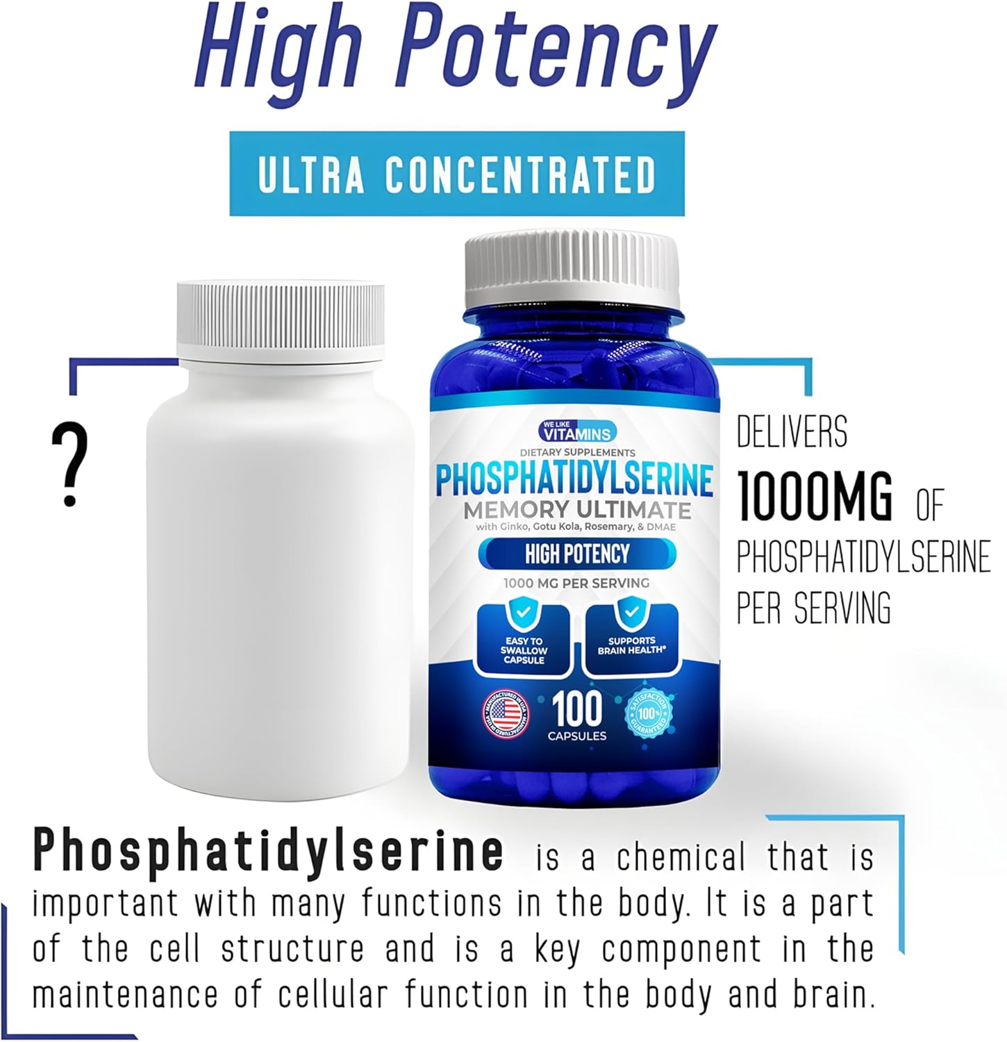 We Like Vitamins Phosphatidylserine Supplement with Gingko Biloba, Gotu Kola, DMAE - Improves Focus, Memory, Cognitive Function - Soy-Free 1000mg Memory Ultimate Complex - 100 Easy-to-Swallow Capsules