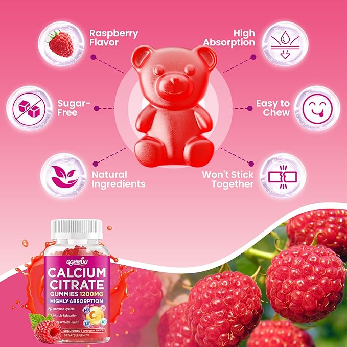 Calcium Citrate Gummies 1200mg, High Absorption Calcium Supplements for Women & Men, Sugar Free Calcium Gummies for B0ne, Muscle & Immune Support, Non-GMO, Vegan, Raspberry Flavor, 60 Count