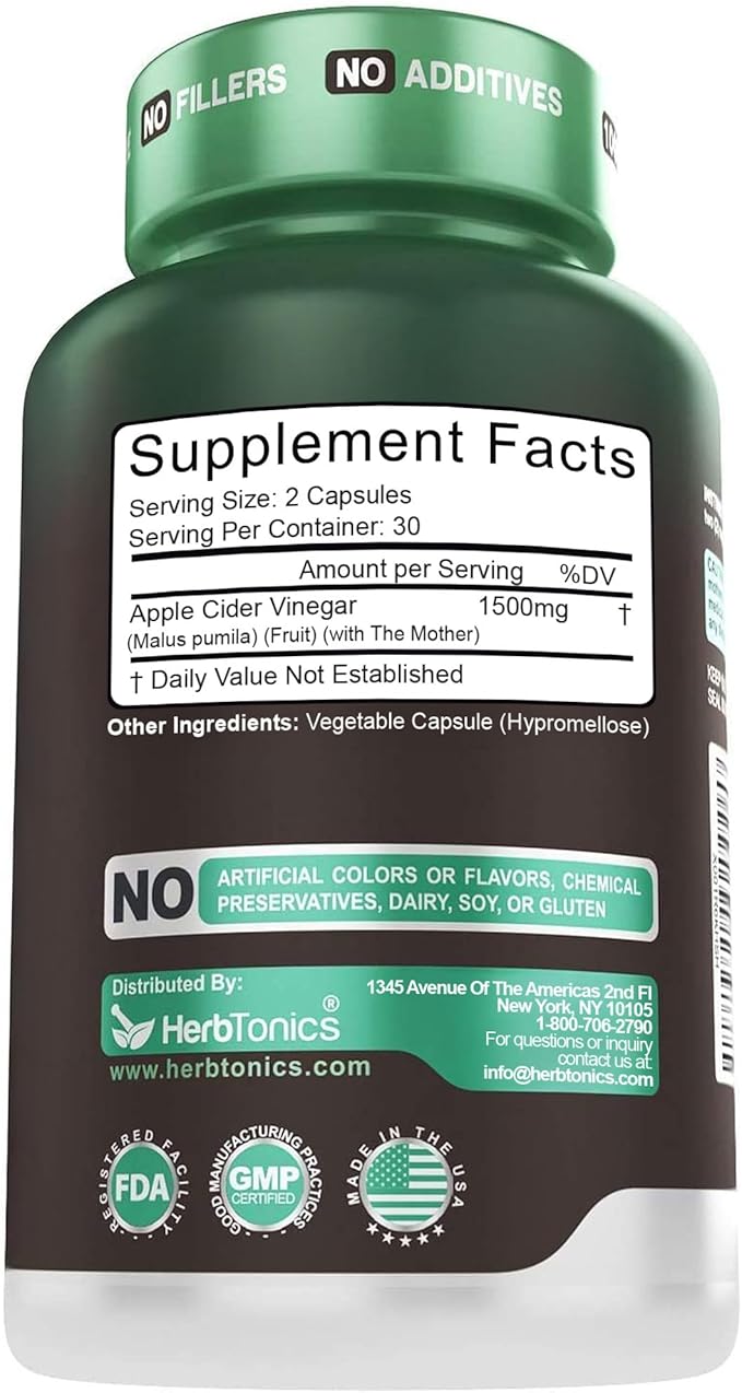 Herbtonics Raw Apple Cider Vinegar Capsules 1500mg with Mother | Weight Management, Detox & Digestion Formula with GLP-1 Support | Unfiltered ACV for Metabolic Support | 60 Vegan Capsules