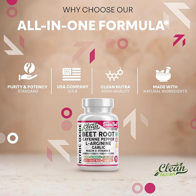 Vascu Boost Beet Root Cayenne Pepper Nitric Oxide Supplement L-Arginine Garlic Niacin Vitamin B Red Yeast Rice Flax Seed Turmeric Curcumin Supplement 90 Capsules by Clean Nutra