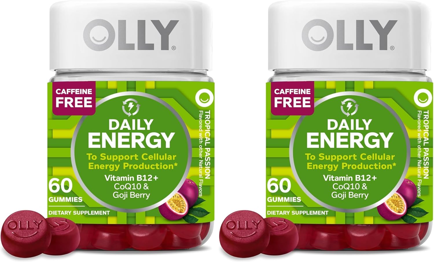 OLLY Daily Energy Gummy, Caffeine Free, Vitamin B12, CoQ10, Goji Berry, Adult Chewable Supplement, Tropical Flavor - 60 Count (Pack of 2)