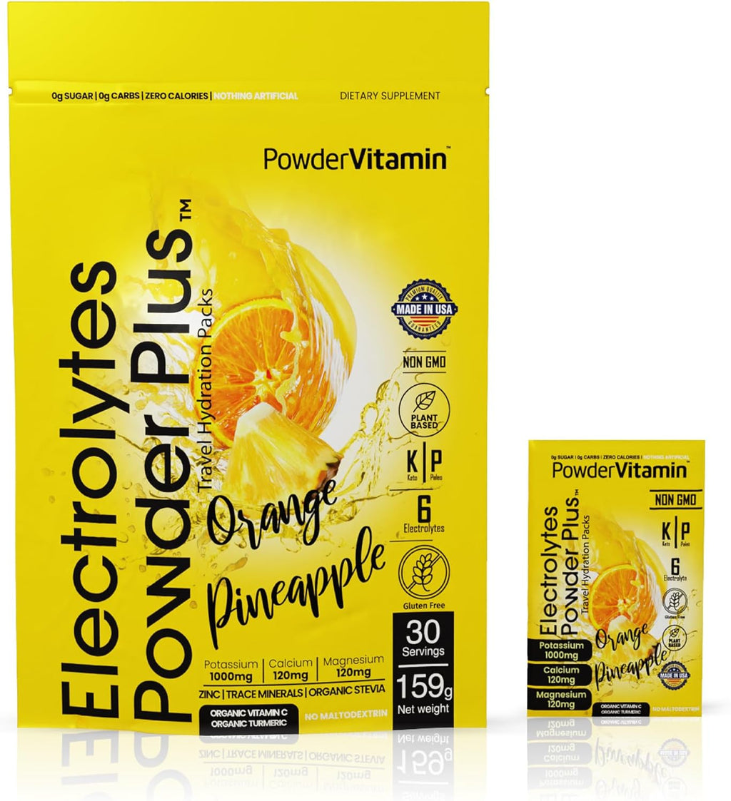 PowderVitamin Electrolytes Powder Plus, Keto, Orange Pineapple, Sugar Free, 1000mg Potassium, 120mg Calcium, 120mg Magnesium, Non-GMO, Zero Calories, 30 Hydration Packets