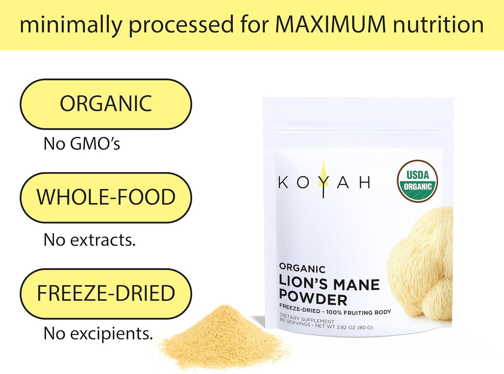 KOYAH - Organic USA Lion's Mane Mushroom Powder - 80 Servings - 100% Fruiting Body, Freeze-Dried, 3rd Party Tested for Beta-Glucans, Non-GMO, Vegan. Brain & Nerve Support. Immune Support.