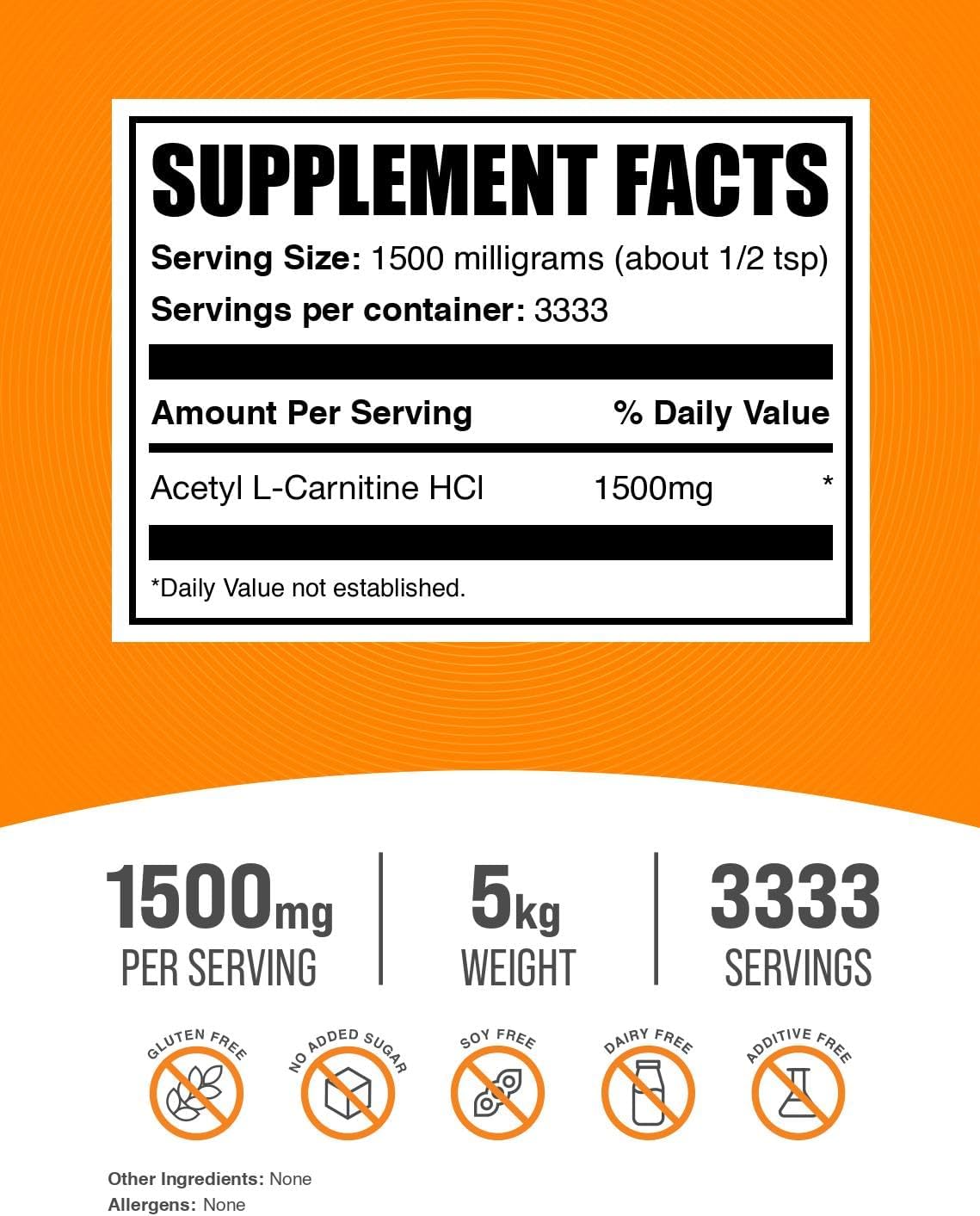 BulkSupplements.com Acetyl L-Carnitine Powder - ALCAR Powder, Acetyl L-Carnitine 1500mg, Carnitine Supplement - Gluten Free, 1500mg per Serving, 5kg (11 lbs) (Pack of 5)