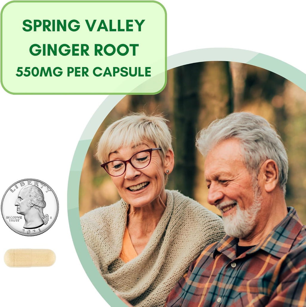 Spring Valley Ginger Root 550mg, Dietary Supplement Capsules, Digestive Health, 100 Count per Bottle (Pack of 2), Set with Basket Goods Store Polybag (1)
