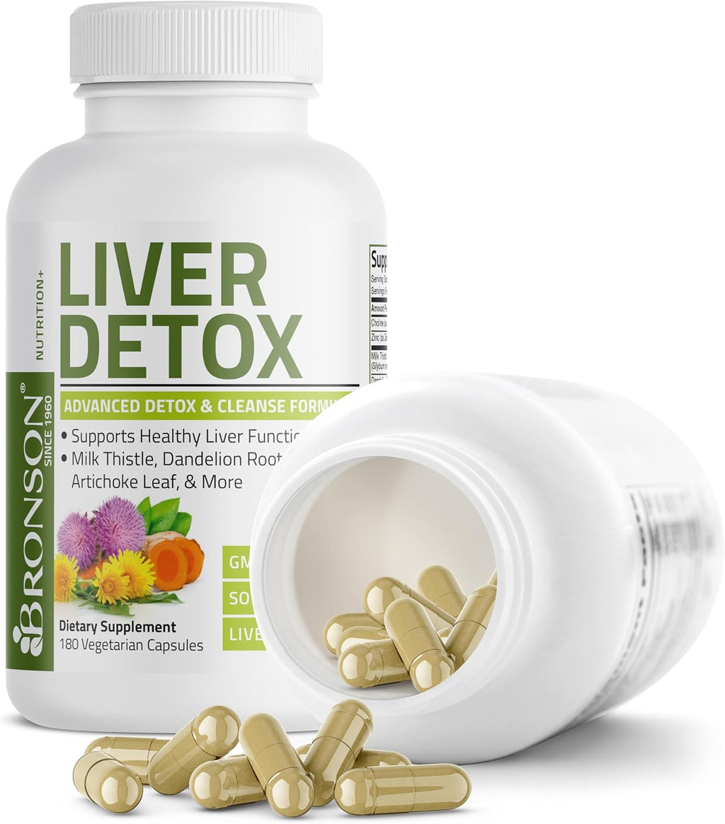 Bronson Liver Detox Advanced Detox & Cleansing Formula Supports Health Liver Function with Milk Thistle, Dandelion Root, Turmeric, Artichoke Leaf & More, Non-GMO, 180 Vegetarian Capsules