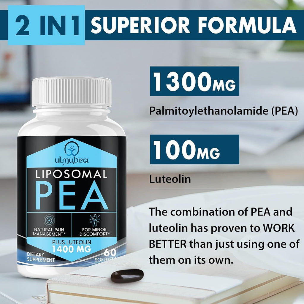 Liposomal Palmitoylethanolamide 1300 MG Plus Luteolin 100 MG, Superior Absorption, Micronized Pea Supplement for Discomfort Management, 60 Softgels