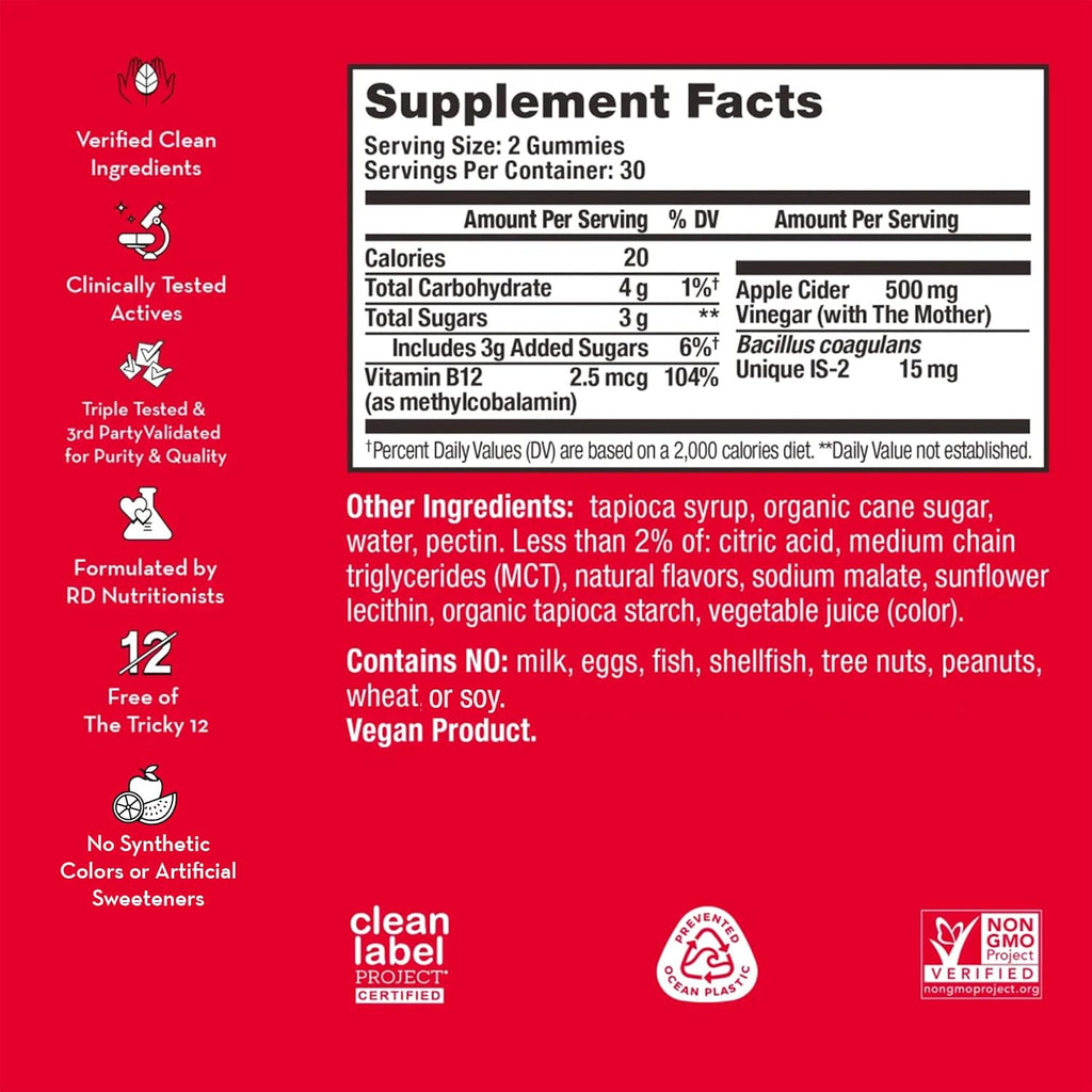 HUM Pro Apple Cider Vinegar Gummies with Probiotics for Digestive Health & Gut Health,100% Organic Apple Cider Vinegar with Mother Gummy Vitamins, Vitamin B12 for Energy Support, 60 ACV Gummies