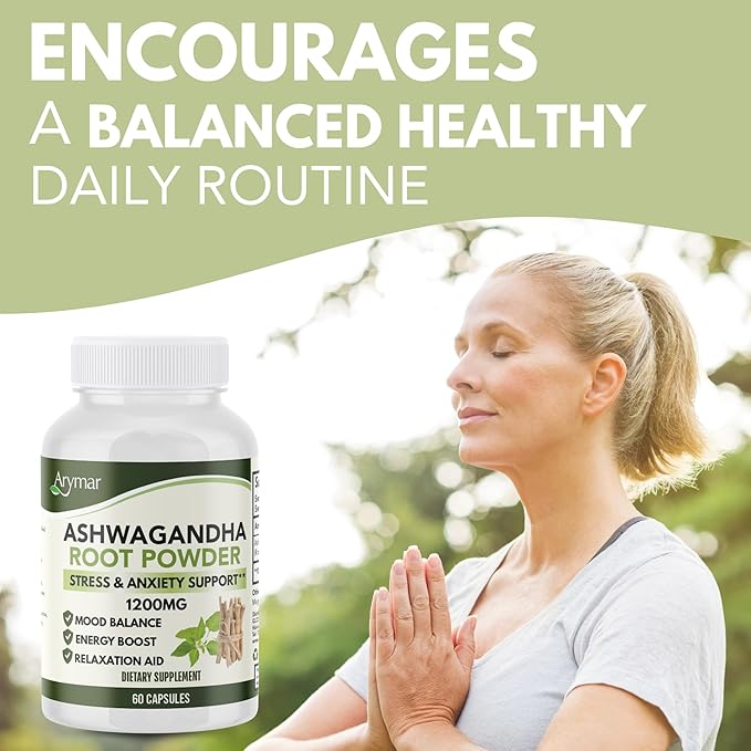 Arymar Ashwagandha Root Powder Capsules – 60 Capsules – Adaptogenic Herbal Supplement