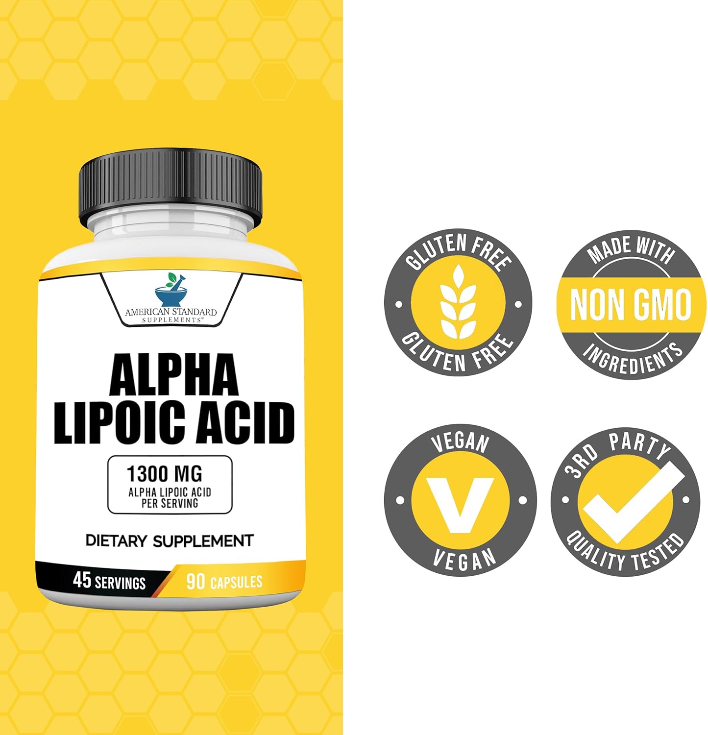 American Standard Supplements Alpha Lipoic Acid 1300mg Per Serving - Vegan, Gluten Free, Non-GMO, 90 Capsules, 45 Servings