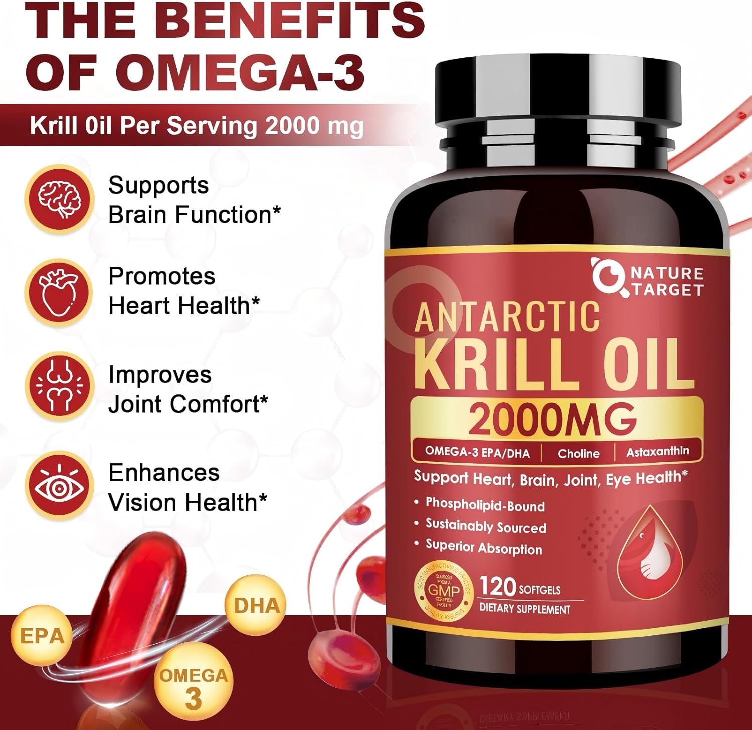 NATURE TARGET Krill Oil 2000 mg with Omega-3 EPA & DHA with Astaxanthin Supplement, Choline - Supports Heart, Brain, Join, Eye Health, Non-GMO, Gluten Free, 120 Softgels (60 Servings)