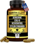 4-in-1 Berberine Supplement 1160mg (180 Caps) w/ 180mg COQ10, 380mg Resveratrol & 120mg of Ceylon Cinnamon –3rd Party Tested– Berberine w/Ceylon Cinnamon Supplements –Max Purity– CO Q 10
