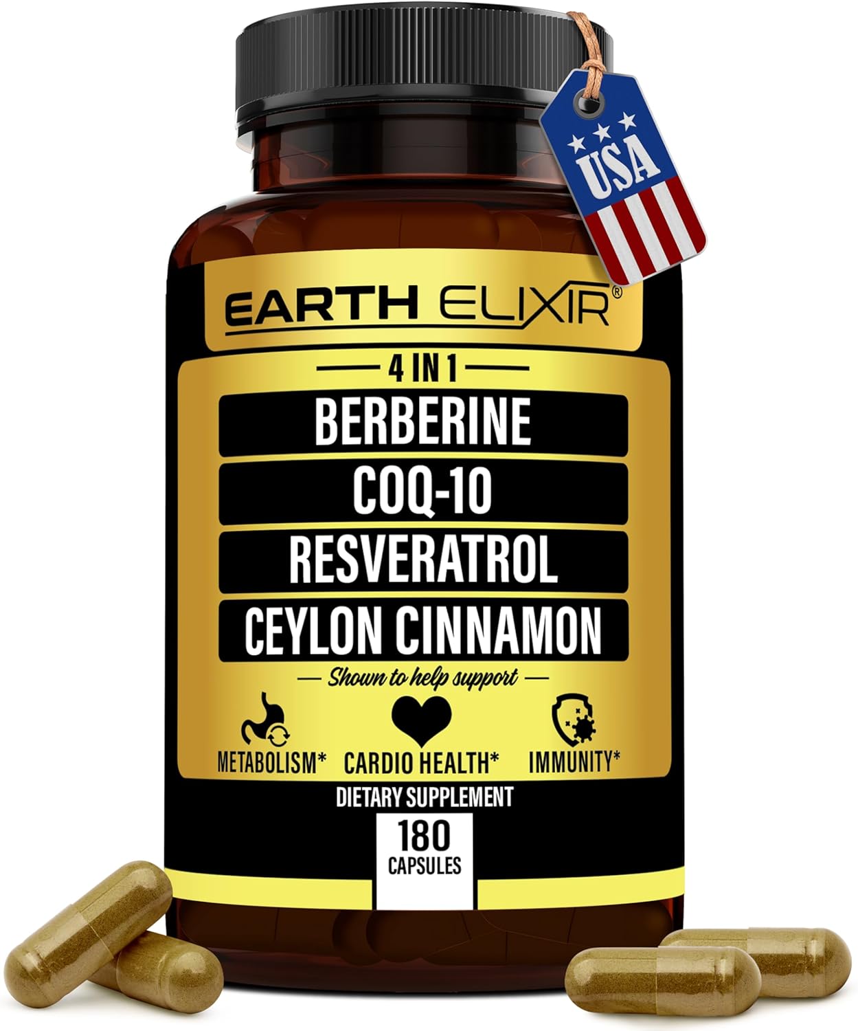 4-in-1 Berberine Supplement 1160mg (180 Caps) w/ 180mg COQ10, 380mg Resveratrol & 120mg of Ceylon Cinnamon –3rd Party Tested– Berberine w/Ceylon Cinnamon Supplements –Max Purity– CO Q 10