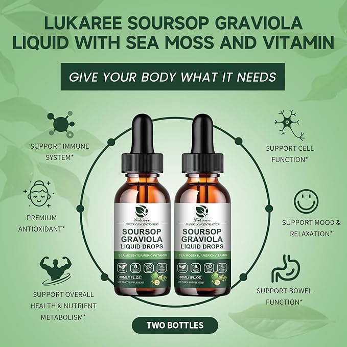 (2 Pack) Soursop Graviola Leaf Extract Liquid Drop Plus Pure Botanical Sea Moss for Cell Support & Regeneration, Immunity and Gut Health, Soursop Bitters Liquid丨Full Texture, Natural Flavor, 1 Fl Oz