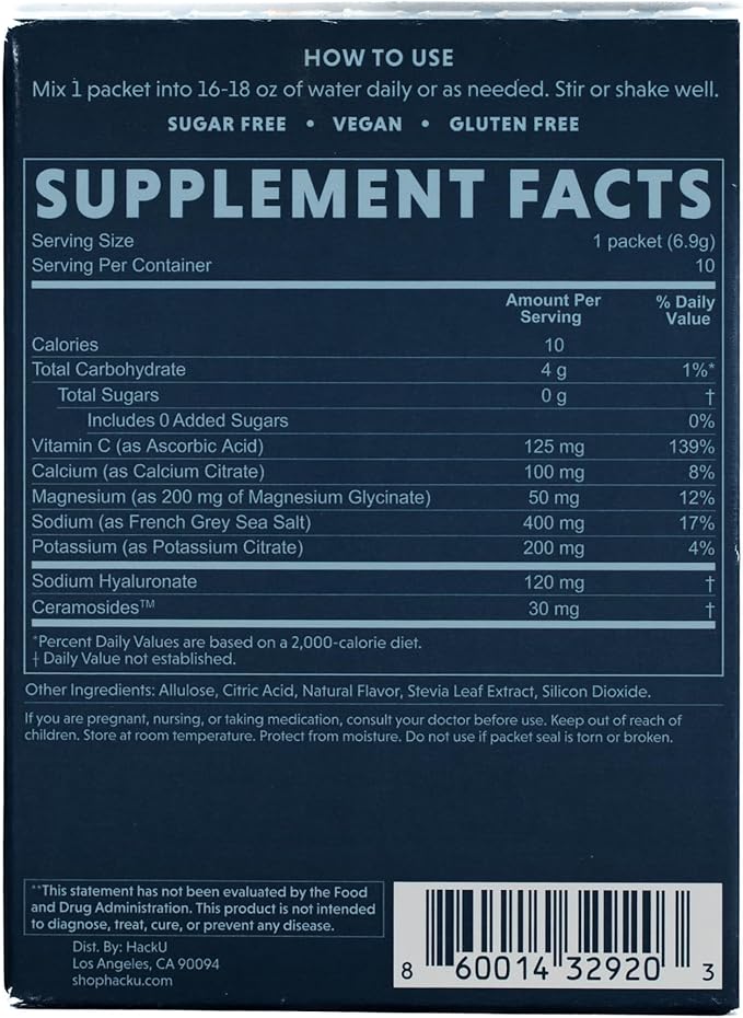 HackU Hydration Hack Electrolyte & Skin Hydration Packets – Sugar Free, Bloat-Free Drink Mix with Magnesium, Hyaluronic Acid & Ceramides for Daily Glow & Moisture Support