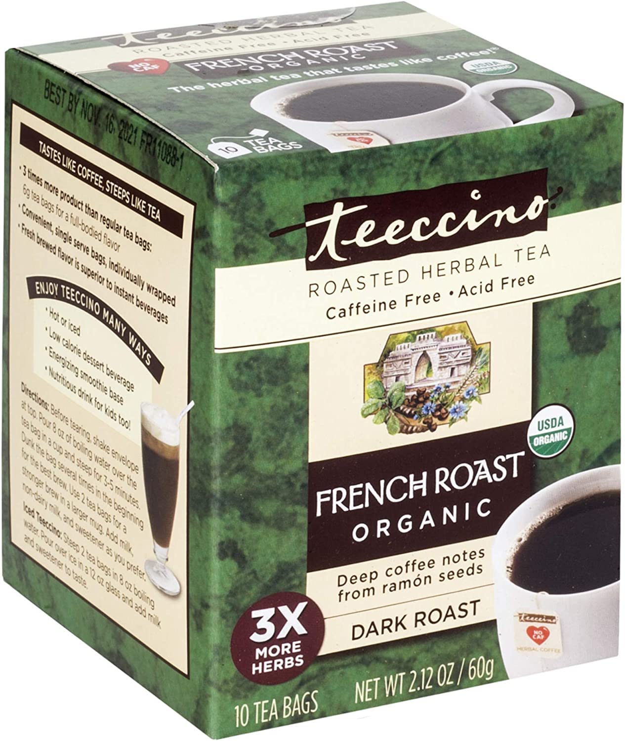 Teeccino French Roast Herbal Tea - Rich & Roasted Herbal Tea That’s Caffeine Free & Prebiotic for Natural Energy, Coffee Alternative, 10 Tea Bags