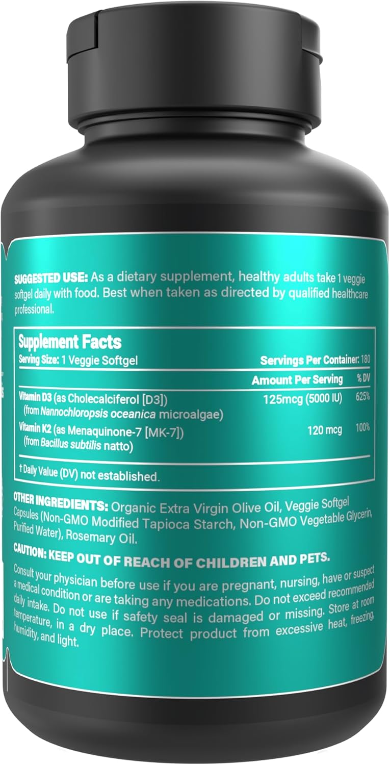 Vegan Vitamin D3 + K2 with Extra Virgin Olive Oil | 5000iu Vitamin D with 120mcg MK7 Vitamin K | Better Support for Bone & Immune Health | Vegan Society Certified 180 Softgels
