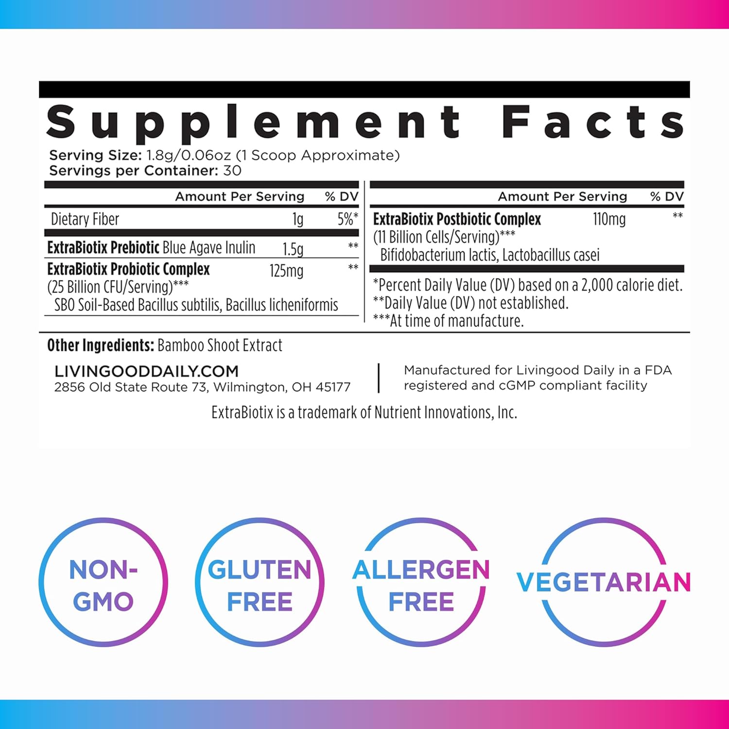 Livingood Daily Pre Pro Post Biotics Blend Powder, Digestive Health Supplement with Prebiotics from Organic Blue Agave Inulin, SBO Probiotics, Probiotics for Women & Men, Non GMO, Vegan, 30 Servings