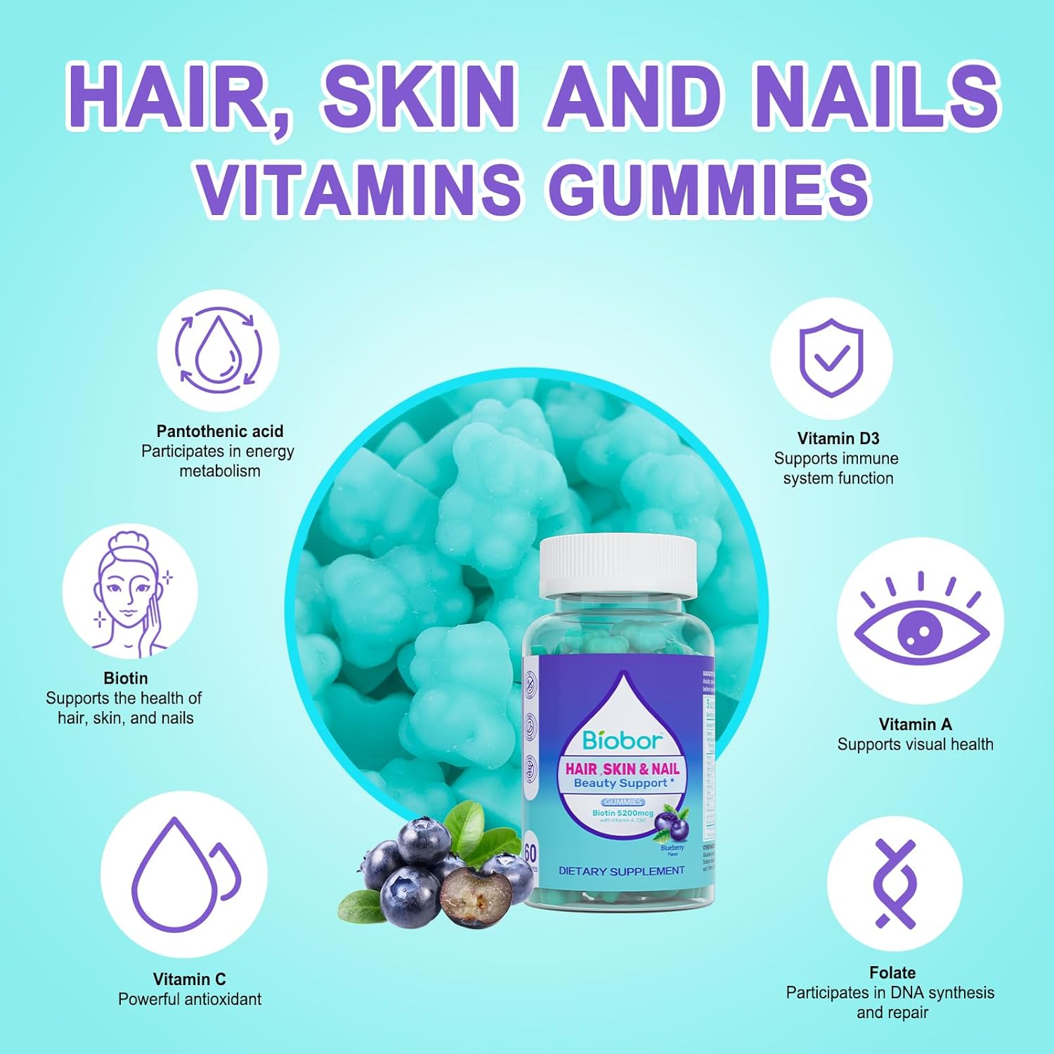 Hair Skin and Nails Vitamins Gummies,5200 mcg Biotin Vegan Chewable Supplement for Women Men with Vitamins A C D E, Blueberry Flavored, 60 Count (Random Packing)