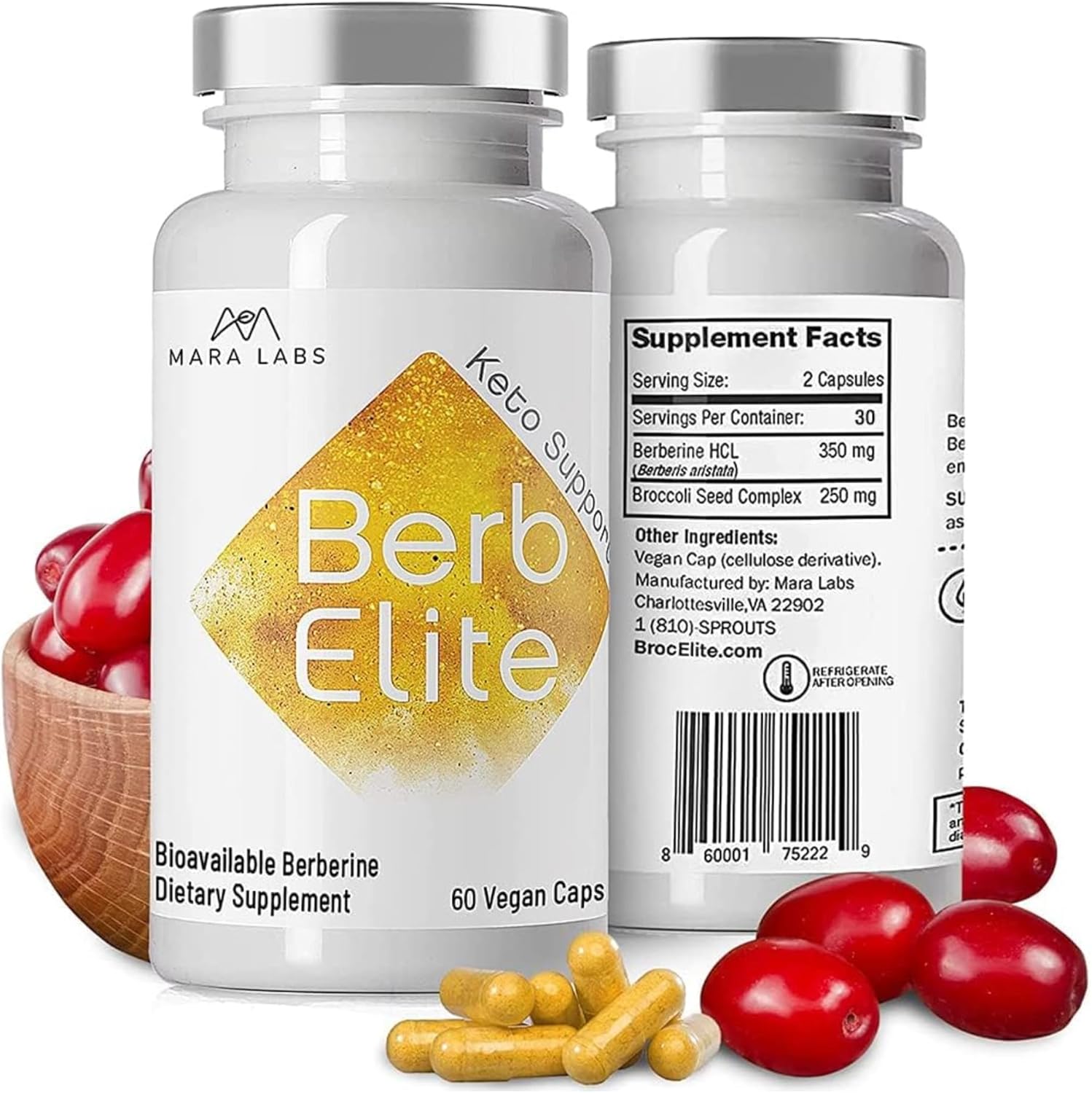 Mara Labs BerbElite | 350mg Berberine HCL & Broccoli Seed Complex for Increase Bioavailability | 60 Vegan Capsules
