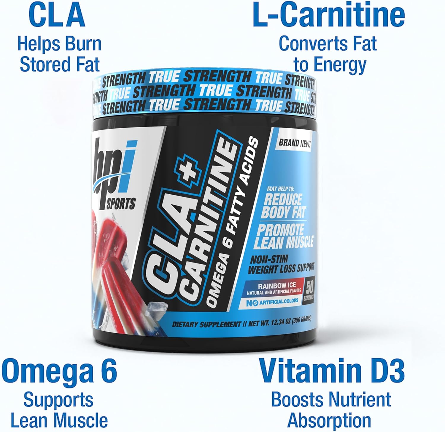 BPI Sports CLA+Carnitine – CLA L Carnitine & Linoleic Acid – L Carnitine Supplement for Weight Loss, Metabolism & Lean Muscle – Caffeine Free – Rainbow Ice – 50 Servings – 12.34 oz