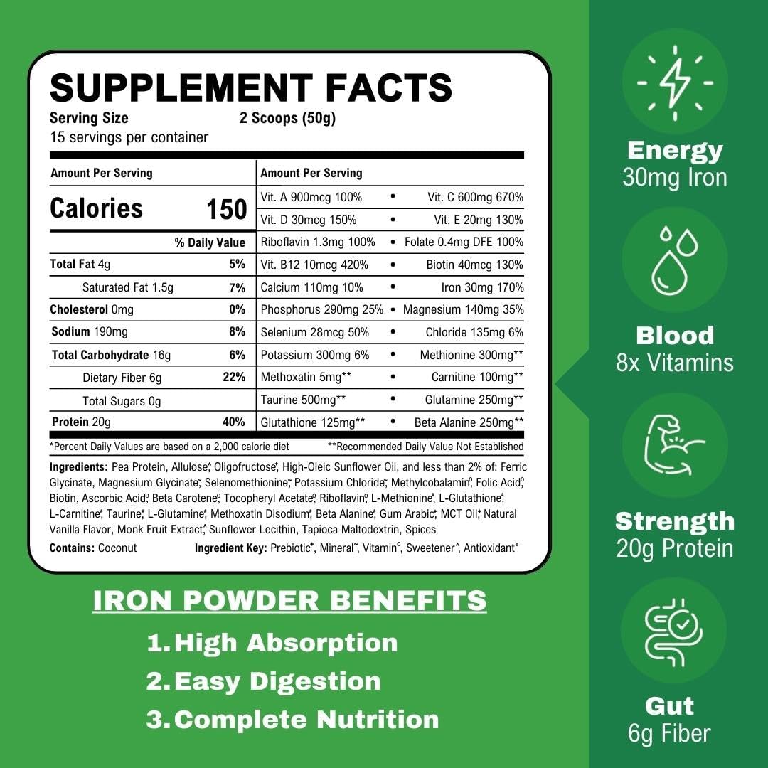 Smart Eats - Iron Powder | Highly Absorbed | Avoids Side Effects | Complete Nutrition: Protein, Vitamins, Fiber, Antioxidants | Makes Tasty Drinks & Shakes | Vegan | Vanilla Flavor | 30 Scoops