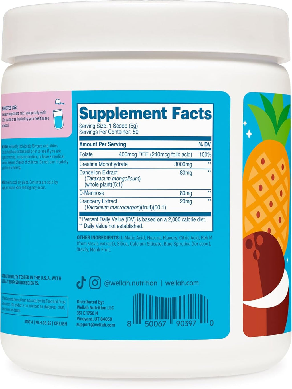 Wellah Creatine for Women (50 Servings) Blue Hawaii - 3g of Creatine Monohydrate Powder with Dandelion & Cranberry Extract